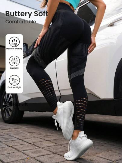 Striped Gym Leggings Seamless High Stretch Tummy Control Active Leggings With Hollow Out