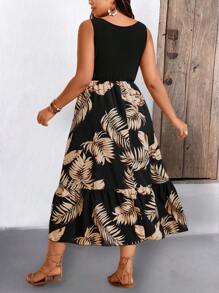 Breezaya 大码女式树叶印花无袖度假风格夏季波西米亚风连衣裙女装 - 黑色 - 查看 2