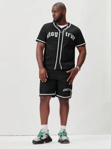 Manfinity Roughcore Conjunto de camiseta de manga corta con cuello redondo y pantalones cortos de verano de talla grande para hombre con estampado de letras - Blanco y Negro - Ver 4