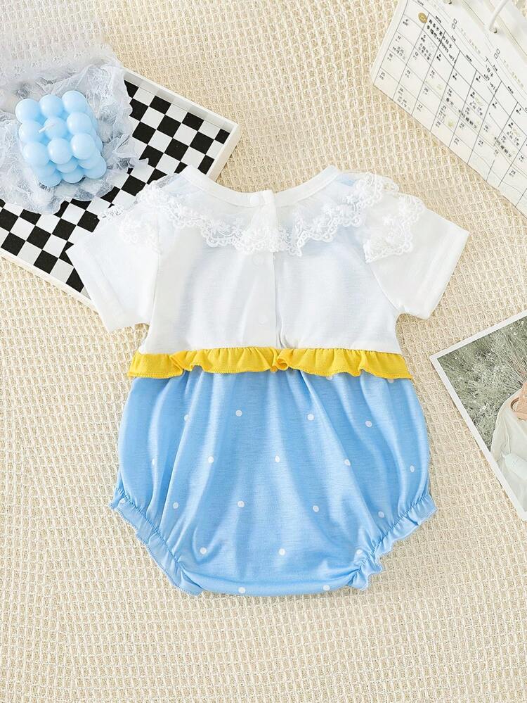 Baby Girl Round Neck Lace Trim Short Sleeve Bodysuit, Summer