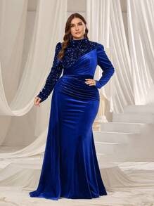 Faeriesty Curve Plus Size Formal Evening Gown With Small Stand-Up Collar, Long Sleeves And Elegant Mermaid Skirt Design, Sequined Detailing For Banquets, Galas, Award Ceremonies, Weddings, And High-End Parties