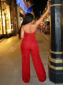 BamGleam Damen Sommer einfarbiger Jumpsuit mit Rüschenkante und weitem Bein für Neujahrsklamotten - Rot - Übersicht 2
