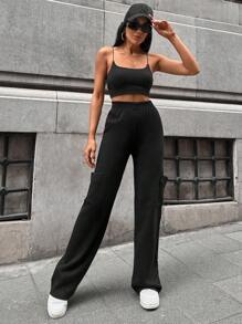 EURMUSE Wide Leg Cargo Pocket Sweater Pants - Black - View 4