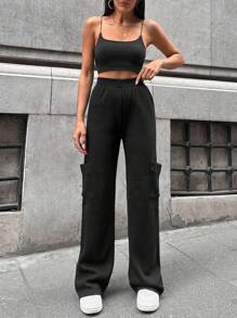 EURMUSE Wide Leg Cargo Pocket Sweater Pants - Black - View 3