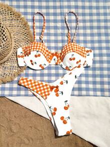 SHEIN Swim Women's Summer Beach Cherry Plaid Printed Sexy Bikini Set, Two-Piece Swimwear