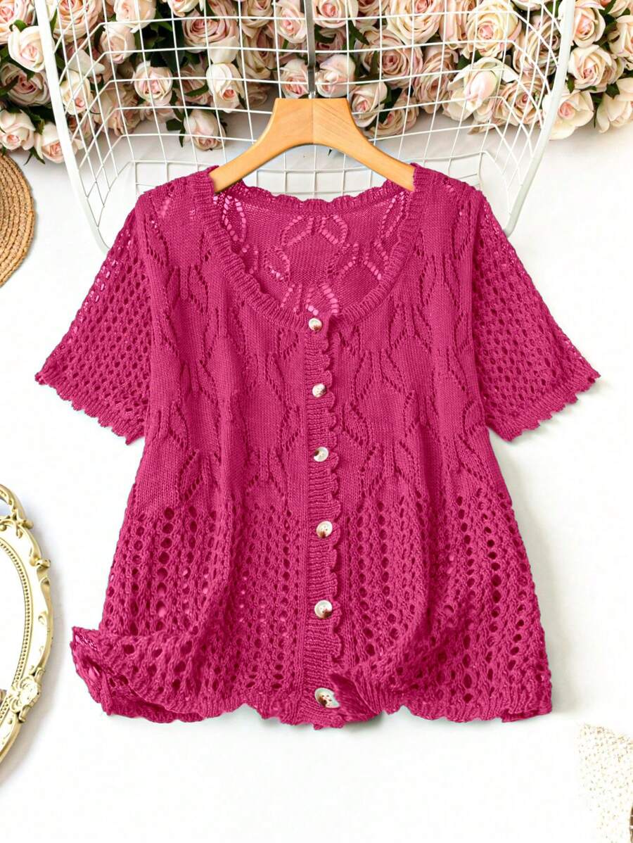 SHEIN Holidaya Plus Size Hollow Design Button Front Cardigan Sweater For Women