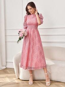 Modelyn Thời trang nữ Đầm dài tay in họa tiết màu trơn Maxi trang phục dạ hội dài - Hồng - Xem 7
