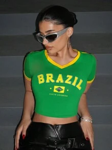 SHEIN ICON Y2k Slim Fit Brazilian Printed V-Neck Cropped Graphic T-Shirt With Decorative Edges Summer Casual Tops
