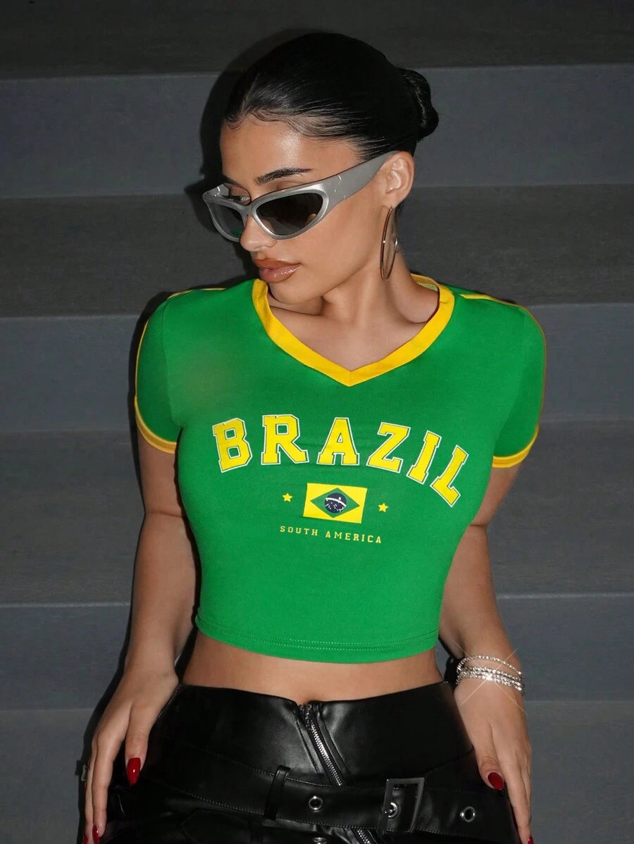 SHEIN ICON Y2k Slim Fit Brazilian Printed V-Neck Cropped Graphic T-Shirt With Decorative Edges Summer Casual Tops