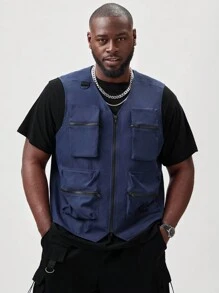 Manfinity LEGND Men's Plus Size V-Neck Solid Color Top With Pocket - Navy Blue - View 5