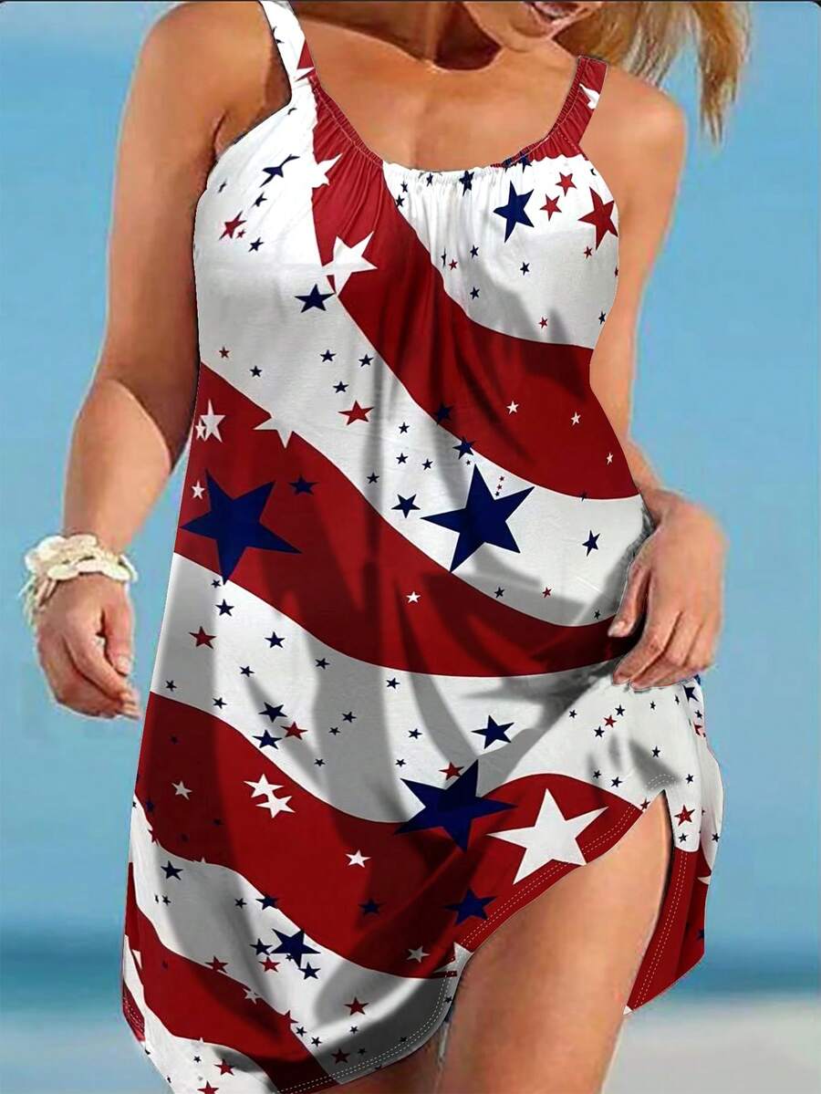 大码女式独立日旗帜印花无袖夏季连衣裙，优雅 - 紅色 - 查看 1