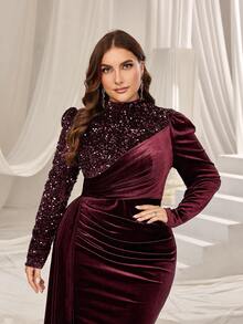 Faeriesty 大码女士优雅正式晚礼服，小立领，长袖，鱼尾裙摆设计，闪亮亮片细节，适合宴会、盛会、颁奖典礼、婚礼和高端派对等场合，夏季度假装扮。 - 酒紅色 - 查看 6