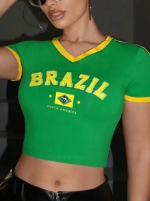 SHEIN ICON Y2k Slim Fit Brazilian Printed V-Neck Cropped Graphic T-Shirt With Decorative Edges Summer Casual Tops
