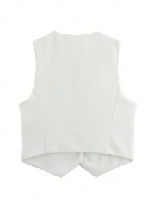 Ladies Casual Top Women Sleeveless Blazer Office Suit Top Simple Solid Color Short Fitted Tank Top Daily Work Outfits - White - View 8