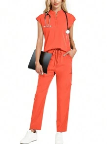2pcs Women Stand Collar Nursing Uniform Scrub Set - Burnt Orange - View 2