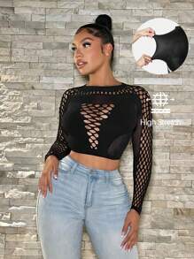 SHEIN SXY Fishing Net Segmentation Women's Solid Color Hollow Out Casual Long Sleeve Top - Black - View 1
