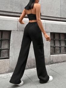 EURMUSE Wide Leg Cargo Pocket Sweater Pants - Black - View 2