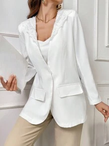 Modelyn Women's Fashionable Lace Spliced Hooded Blazers, Summer - White - View 7