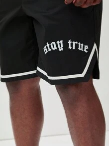 Manfinity Roughcore Conjunto de camiseta de manga corta con cuello redondo y pantalones cortos de verano de talla grande para hombre con estampado de letras - Blanco y Negro - Ver 6