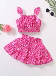 SHEIN Jong meisje schattig ruches ditsy bloemen gesmokt topje en A-lijn rok