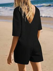Casual Short Sleeved Round Neck Backless Jumpsuit With Pockets - Black - View 2