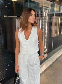 Ladies Casual Top Women Sleeveless Blazer Office Suit Top Simple Solid Color Short Fitted Tank Top Daily Work Outfits - White - View 3