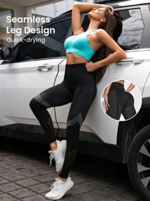 Easithlete Striped Gym Leggings Seamless High Stretch Tummy Control Active Leggings With Hollow Out - Black - View 2