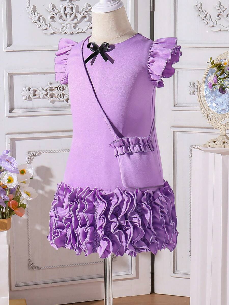 SHEIN Elegancka fioletowa sukienka dla młodej dziewczyny z asymetrycznym dołem i falbaną 3D - Fioletowy - Zobacz 1