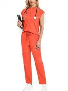 2pcs Women Stand Collar Nursing Uniform Scrub Set - Burnt Orange - View 4