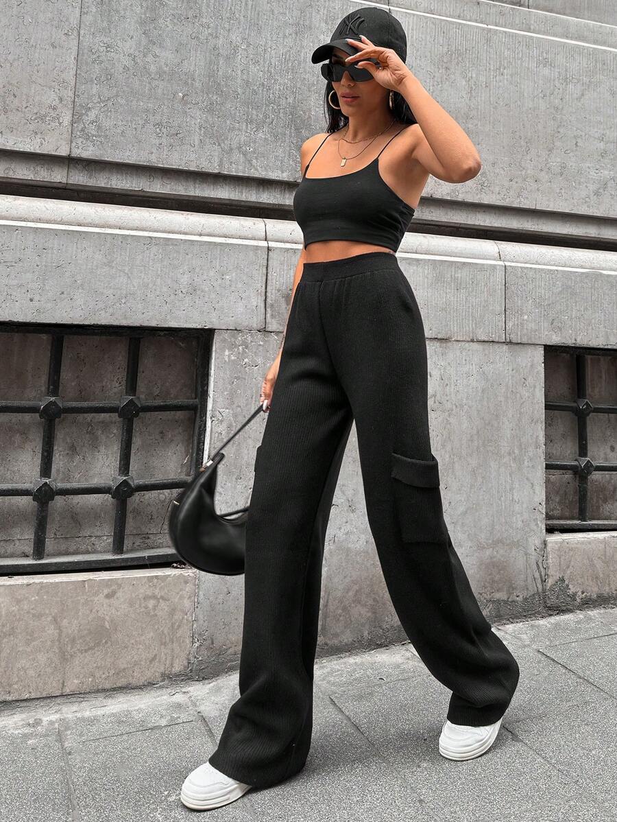 EURMUSE Wide Leg Cargo Pocket Sweater Pants - Black - View 1
