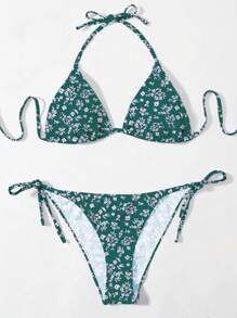 SHEIN Swim Random Printed Knotted Side Bikini Set, Summer Beach - Multicolor - View 1