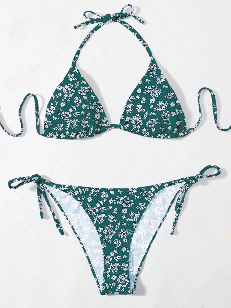 SHEIN Swim Random Printed Knotted Side Bikini Set, Summer Beach - Multicolor - View 1