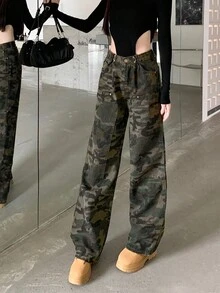 女士宽松休闲直筒牛仔裤，带口袋，夏季迷彩图案 - 軍綠色 - 查看 5