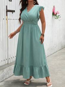 SHEIN Holidaya Vestido maxi casual de mujer talla grande de cuello en V sencillo y liso para uso diario - Verde - Ver 3