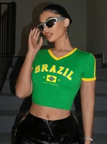 SHEIN ICON Y2k Slim Fit Brazilian Printed V-Neck Cropped Graphic T-Shirt With Decorative Edges Summer Casual Tops