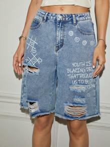 SHEINNeu Shorts de mezclilla para mujer con estampado de lema y efecto desgastado con bolsillos. Pantalones cortos de mezclilla para mujer, pantalones anchos para mujer, shorts de mezclilla, Bottom para mujer, pantalones cortos tipo bóxer para mujer. - Celeste - Ver 7