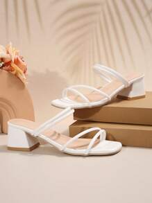 女士新款時尚高跟涼鞋，休閒白色交叉帶拖鞋，方頭粗跟開趾夏季鞋 - 白色 - 查看 6