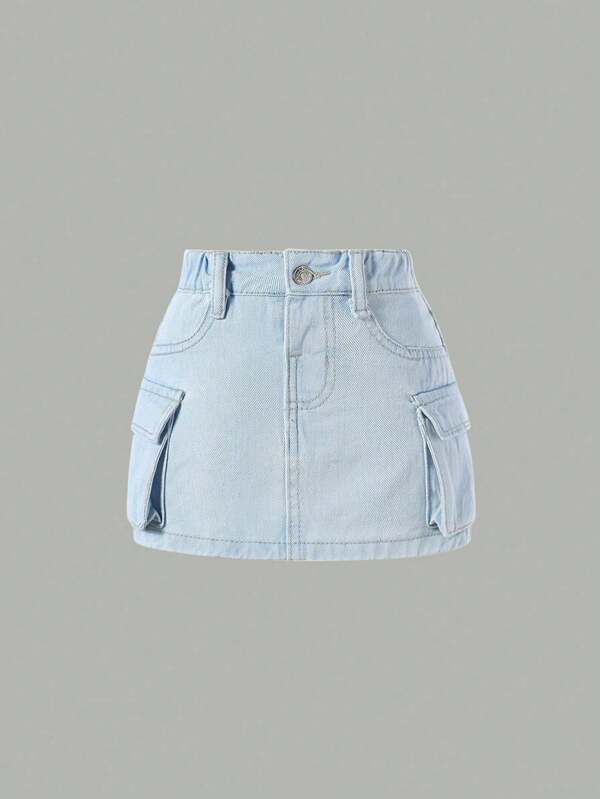 SHEIN Falda vaquera holgada casual para niña joven con múltiples bolsillos