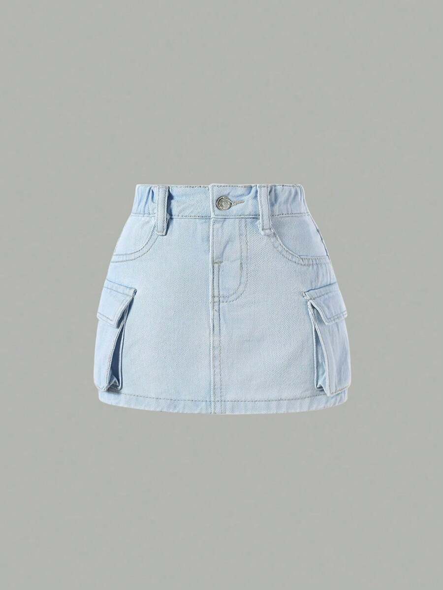 SHEIN ChillGRL Váy denim dáng rộng thông thường cho cô gái trẻ có nhiều túi - Rửa nhẹ - Xem 1