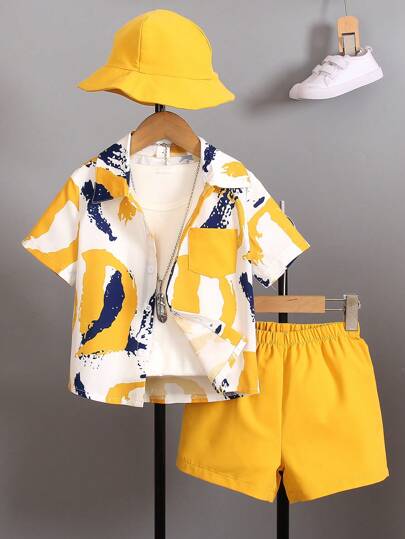 SHEIN 2pcs Boys Summer Casual Contrast Color Print Shirt And Shorts Set With Hat Summer Holiday