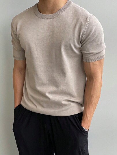 Men's Casual Solid Color Short Sleeve Pullover Knitted Top, Spring/Summer