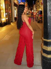 BamGleam Damen Sommer einfarbiger Jumpsuit mit Rüschenkante und weitem Bein für Neujahrsklamotten - Rot - Übersicht 4