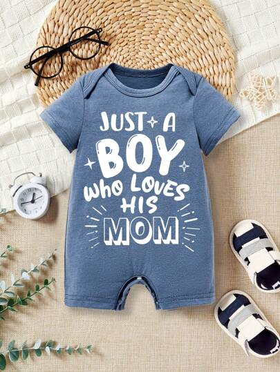 SHEIN ModeFlare Wear Baby Boys' Casual Letter Printed Romper, Summer