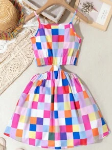 SHEIN Tween Girl Colorful Geometric Block Printed Sleeveless Dress With Hollow Out Waist Design - Multicolor - View 2