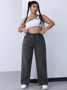 SHEIN EZwear Plus High Waist Straight Leg Jeans - Dark Grey - View 4