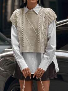 EURMUSE Cable Knit Round Neck Sleeveless Sweater With Drawcord Detail - Apricot - View 6