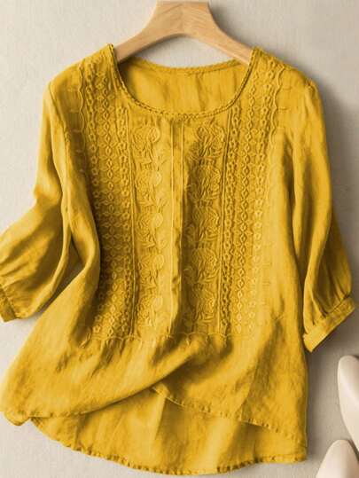 女式花卉刺绣圆领灯笼袖宽松上衣，春夏