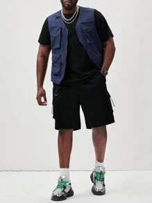 Manfinity LEGND Men's Plus Size V-Neck Solid Color Top With Pocket - Navy Blue - View 1