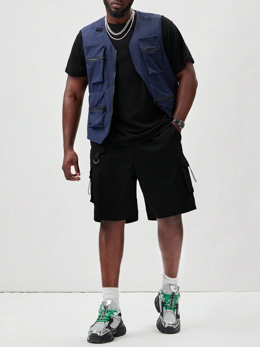 Manfinity LEGND Men's Plus Size V-Neck Solid Color Top With Pocket - Navy Blue - View 1