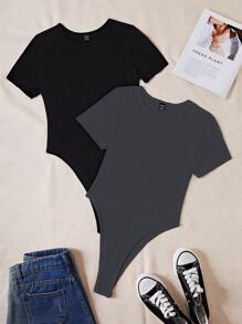 SHEIN Unity 女士簡約純色短袖連身衣 - 深灰色 - 查看 1
